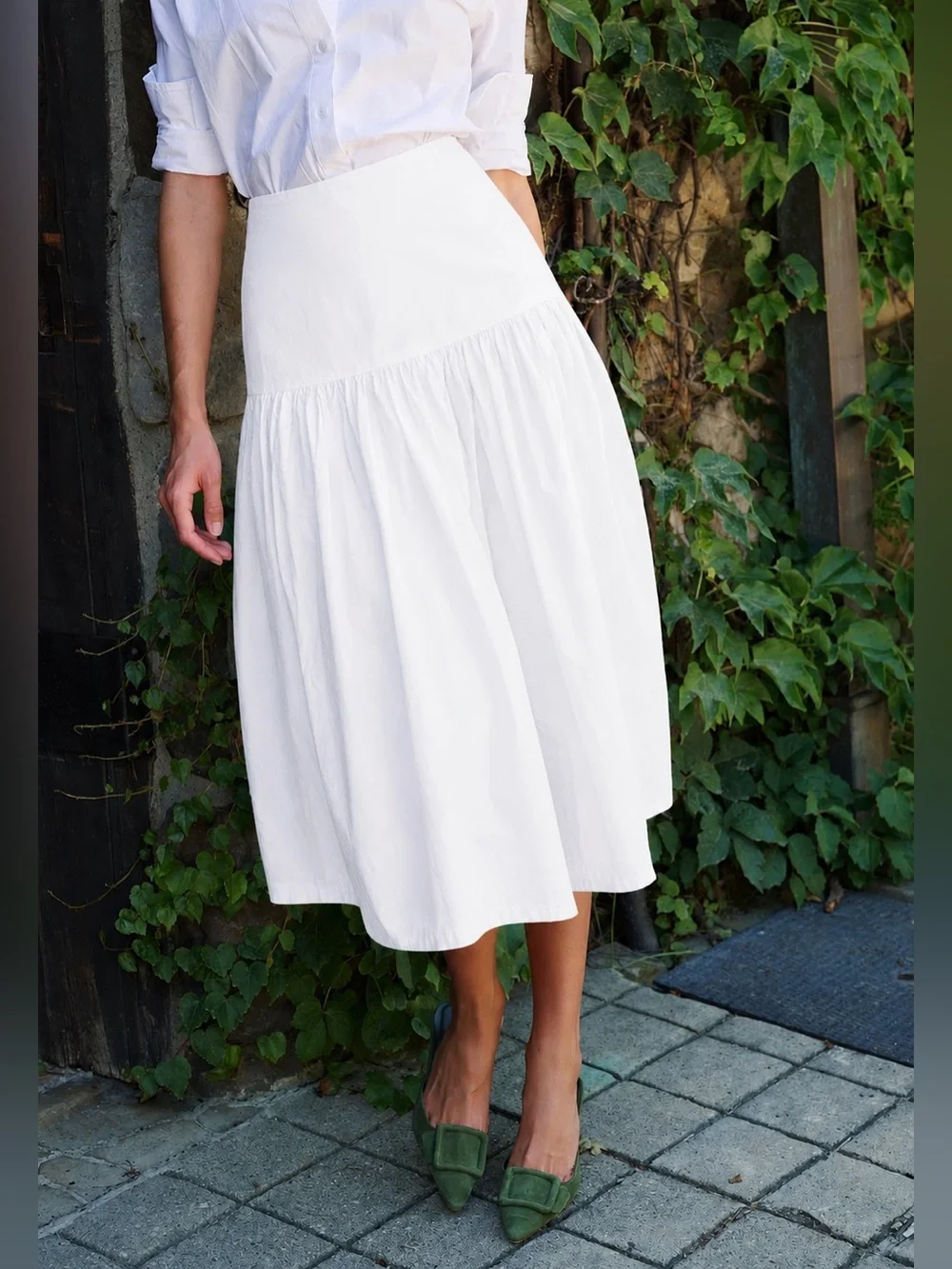 Julia Amory Cotton Poplin Midi Circle Skirt in Blanc White, Size Large - Picture 1 of 6